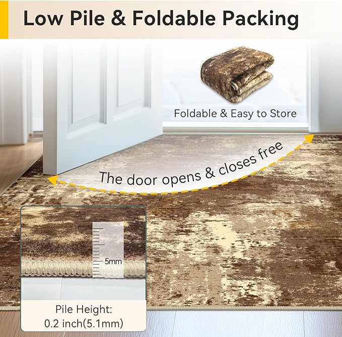 RELEANY Washable Runner 2'x6' Abstract Area Rug for Hallway Brown Tan | Carpet for Kitchen, Entryway, Bathroom, Living Room, Bedroom, Printed Pattern, Non‑Slip, Soft, Stain‑Resistant, Easy to Clean