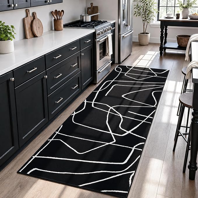 2x6 Washable Modern Black White Kitchen Runner Rug | Ultra-Thin Low Pile, Non-Slip TPE Backing, Soft Stain Resistant, Machine Washable, for Bedroom Livingroom High Traffic