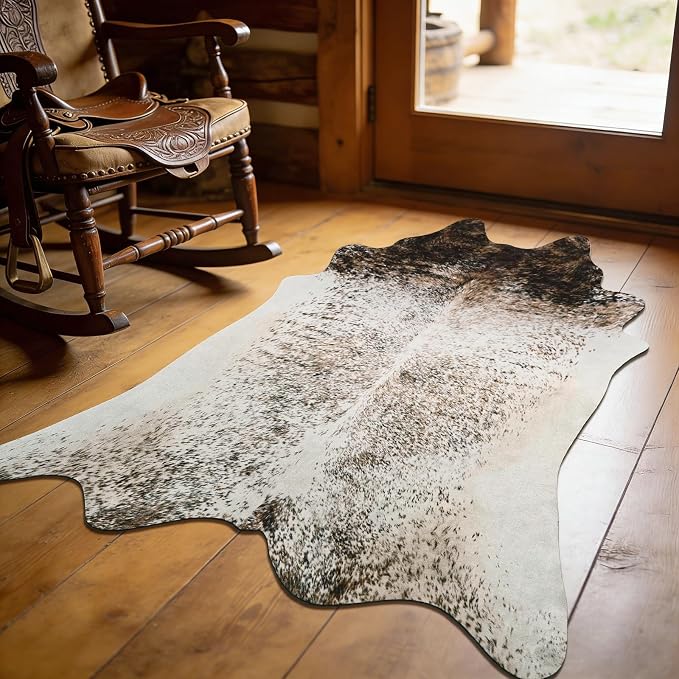 2x3 Small Cowhide Rug, Washable Faux Brown and White Hide Runner Rugs for Entryway, Classic Texas Animal Print Accent Carpet for Fireplace Bedside, Synthetic Decor