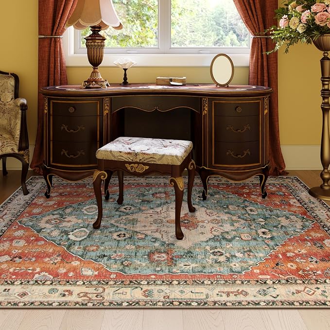 Lahome Felice Boho Tribal 5x7 Washable Living Room Bedroom Rug, Oriental Soft Dining Room Rugs for Under Table, Large Distressed Printed Carpet for Entryway Kitchen Playroom (Rust/Dull Teal,5x7ft)