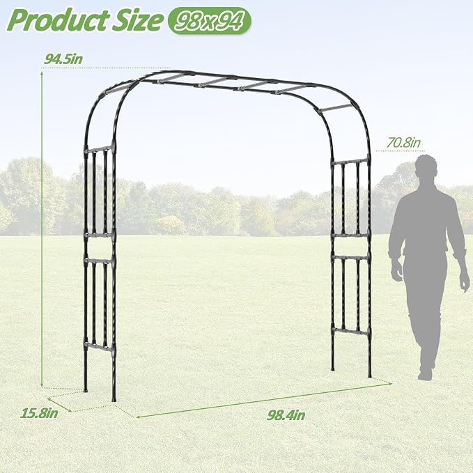 Thickened Metal Garden Arch-98.4(L)*94.5“(H),Garden Trellis for Climbing Plants Outdoor, Heavy Duty Rust-Proof Iron Arbor Archway for Backyard, Patio, Lawn and Wedding Decorations(20MM Pipe)