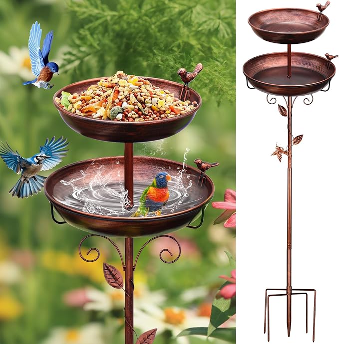 Bird Bath for Outside Bronze 2-in-1 Freestanding Garden Birdbath | Metal bird bath with floral scroll 5-Pronged Base Deep large bowl for birds drinking & bathing Yard patio landscape decor