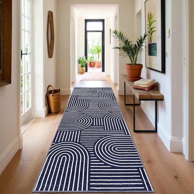 ROYHOME Modern 2.5x10 Hallway Runner Rug Non Slip Washable Kitchen Rug Blue | Abstract Bath Mat, Rainbow Geometric Runners Rugs for Bedroom, Soft Long Rugs for Entryway Arch Pattern Bathroom Laundry Dorm