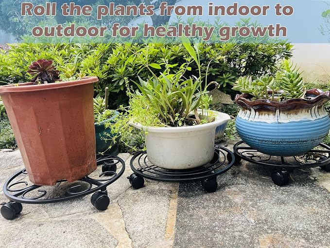 12" Metal Plant Caddy with Wheels 5 Packs Rolling Plant Stands Indoor Wheeled Plant Dolly Heavy-duty Pot Mover Roller Base Outdoor Plant Trolley Cart with Brake Casters Water-proof Dust-proof, Black