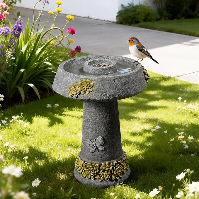 Bird Bath and Bird Feeder for Garden, 24" Resin Outdoor Fountain with 3D Butterfly & Petal Relief, Weather-Resistant Pedestal Water Feature for Yard, Patio, and Lawn Decor (Grey)