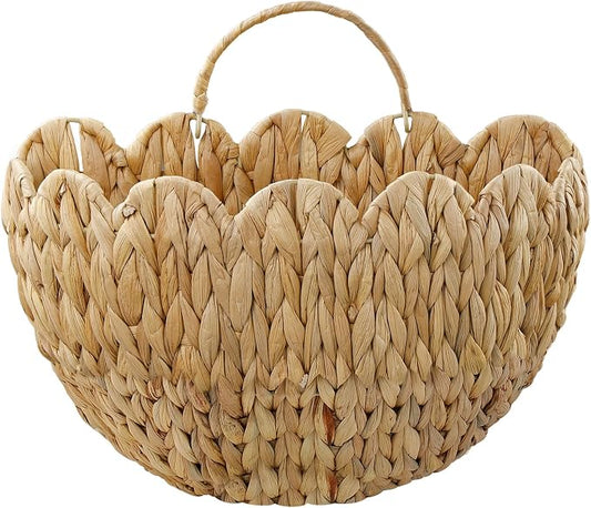Coeusy Water Hyacinth Hanging Basket, Scalloped Wall Basket with Handle, Wicker Hanging Wall Basket for Door,Nursery,Home Decor