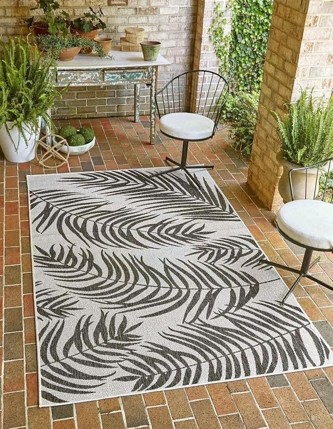 Unique Loom Outdoor Botanical Collection Area Rug - Palm (5' 3" x 8' Rectangle, Charcoal Ivory/ Gray)