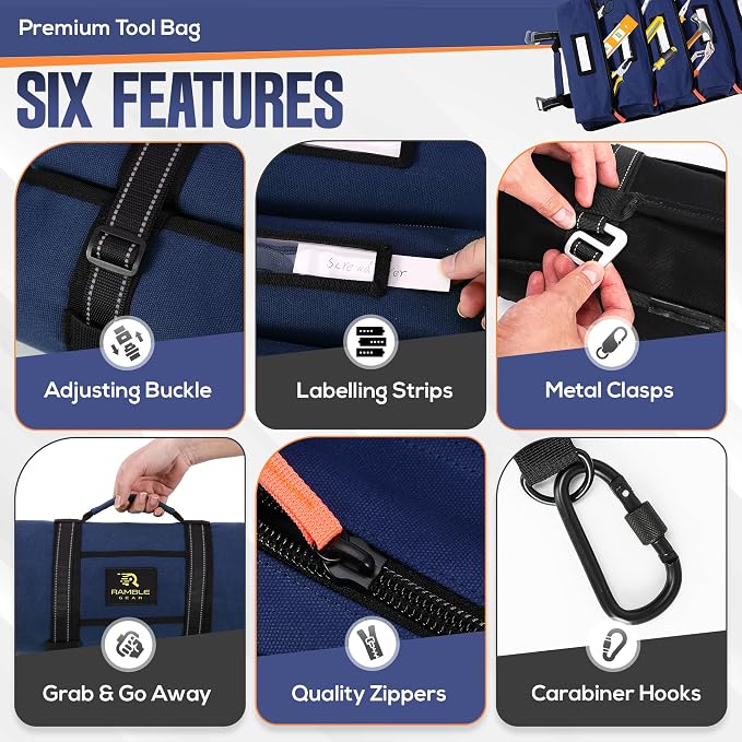 Roll Up Tool Bag Organizer – Heavy Duty Canvas Tool Roll Bag, Tool Roll Up with 5 Oversized Labeled Pockets & Carabiners, Portable Roll Up Tool Organizer for Mechanic, Truck & Car (Blue)
