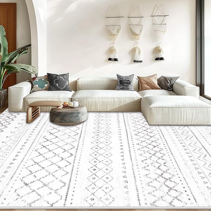 Area Rug for Living Room 9x12: Large Washable Boho Moroccan Rugs Geometric Neutral Rug, Non-Slip Foldable Morden Farmhouse Indoor Floor Carpet for Bedroom Dining Table Home（Dark Grey,9X12）