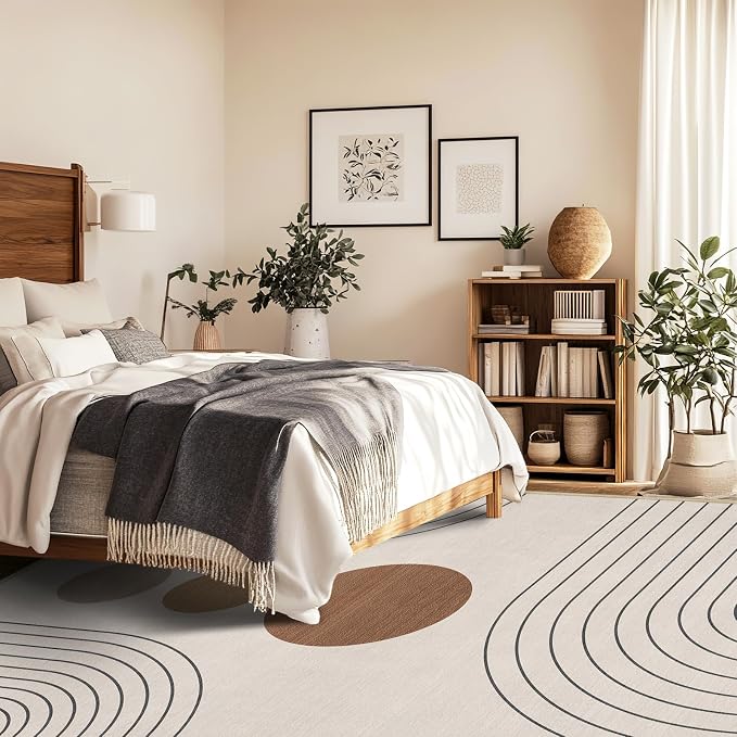 8x10 Area Rug for Living Room Boho Modern Minimalist Geometric Abstract Large Rug Neutral Beige Mid Century Modern Machine Washable Non-Slip Printed Low-Pile Indoor Floor Carpet Dining Room Bedroom