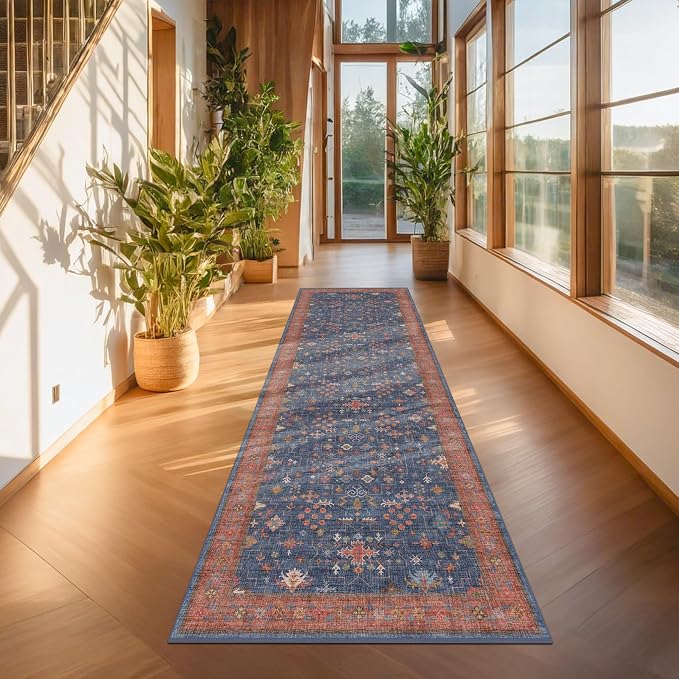 Navy Blue 2x8 Long Runner for Kitchen, 8ft Runner Rugs for Entryway, Hallway, Washable Non Skid Rubber Backing Low Pile Stain Resistance Floral Carpet