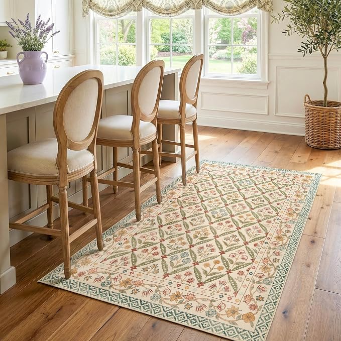 jinchan 4x6 Vintage Floral Washable Non Slip Bedroom Area Rug, Teal Blue | Soft & Lightweight, Checkered Floral, Low Pile, Bedroom, Kitchen, Girls Dorm, Apartment, Small Living Room, Cottage Decor