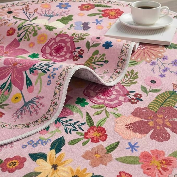 Latte&Fog 4ft Pink Round Area Rug for Girl Bedroom Washable Cute Circle Rug | Non Slip Low Pile Soft Floral Small Carpet for Kids Playroom Nursery Classroom Dorm Decor Dining Kitchen Farmhouse Office
