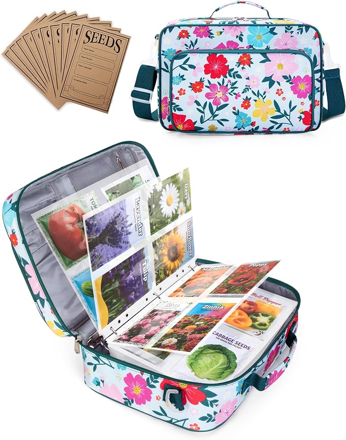 Seed Storage Organizer Binder with 20 Reusable Seed Envelopes | 30 Sheet Protectors Holds 120 Packets Envelopes, 1.5-Inch 3-Ring Binder, Handle & Adjustable Shoulder Strap,Ideal for Garden