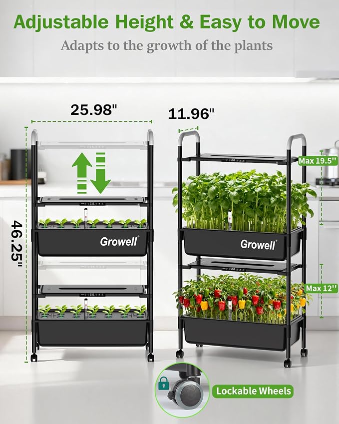 Growell 54 Pods Hydroponics Growing System Kit with Independent Water Pump | Vertical Indoor Herb Garden with 2 Light Modes & 2 Timer, Smart Water Circulation, 28L Water Tank, Movable & Space-Saving