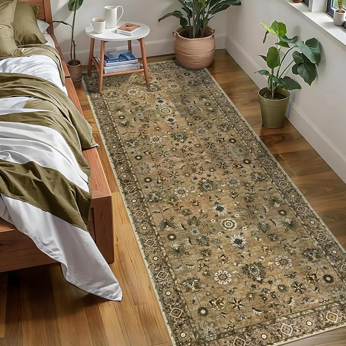 Brown 2x6 Washable Runner Rugs for Hallway, Vintage Non Slip Rug Runners | Oriental Soft Low Pile Rug, Farmhouse Print Carpet Boho Hallway Runners for Kitchen Bedroom Entryway Bathroom Home Decor