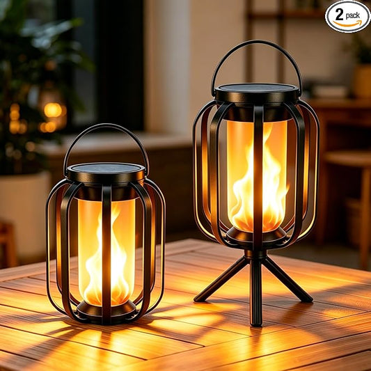 Solar Lanterns Outdoor Lights, 2 Pack Waterproof Flickering Flame Hanging Lights, Solar & USB Dual Charging, 2 Modes, Solar Pathway Lights for Yard, Garden, Patio, Tabletop, Holiday Decor