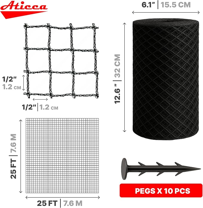 ATICCA Heavy Duty Bird Netting for Garden Protection & Fruit Trees, 25x25 Ft with 10 Stakes – Black Anti-Bird Net for Poultry, Deer, & Squirrel Protection, Durable Mesh for Garden and Yard Use