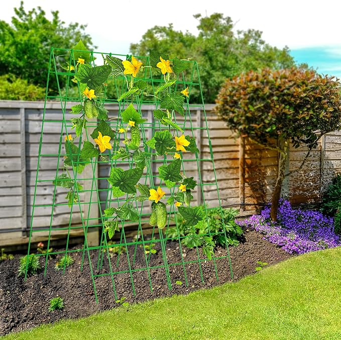 DoCred Cucumber Trellis, 59" High 2 Pack Foldable A Frame Trellis for Raised Bed Climbing Plants, Vegetables, Includes Plant Support Clips, Twist Ties, Plastic Ties- Made from PVC-Coated Steel