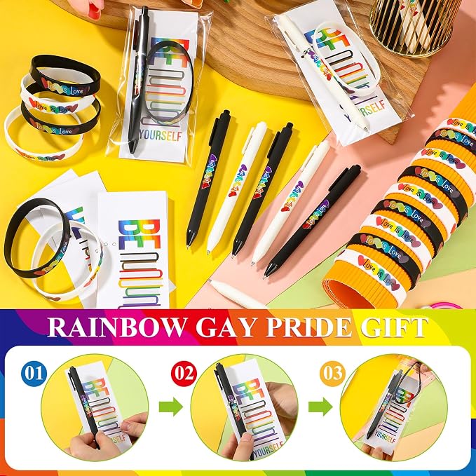 Spakon 100 Set Gay Pride Gifts Rainbow Silicone Wristband Bracelet LGBT Retractable Ballpoint Pen Black Ink Gift Cards with Twist Ties Pride Decorations for Parades Rainbow Festival Gay Pride Month