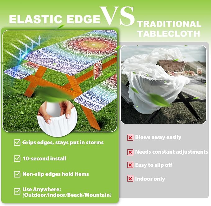Wrakus Picnic Table Cover with Bench Covers Vinyl Elastic Edges Fitted Rectangle Seat Tables Waterproof 3-Piece96X30in Set Outdoor Rectangular Folding Backing Tablecloth for Camping Over Size