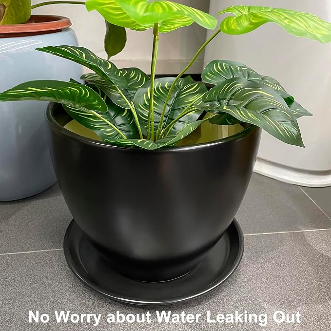 Plant Tray for Pots 10 Inch - Ceramic Plant Saucer for Indoors, Plant Drip Tray, Plant Plates to Catch Water, Flower Pot Saucer, Decorative Plant Drainage Tray, Black