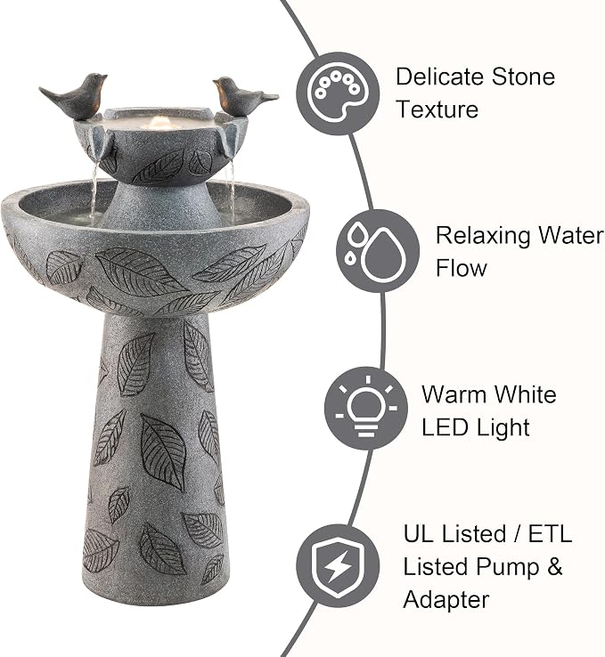 Glitzhome Outdoor Water Fountain with Lights & Pump, 26" H 2-Tiered Polyresin Bird Bath Fountain Floor-Standing Water Feature Waterfall Fountain for Garden, Yard, Patio, Home Decor