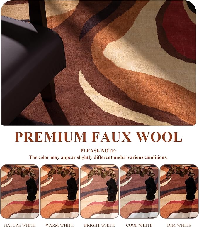 Burnt Orange Rug 6x9 Washable,Alfombras para Salas,Farmhouse Brown Retro Carpets,Geometric Abstract Wavy Rug for Living Room,Unique Colorful Rugs for Bedroom,Dining Room