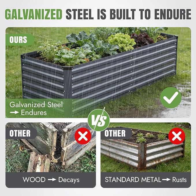 INNO STAGE 8x3x2ft Galvanized Raised Garden Bed, Raised Garden Bed Kit-Metal Planter Box Outdoor, Planting for Vegetables, Fruits, Herbs, Flowers, Grey