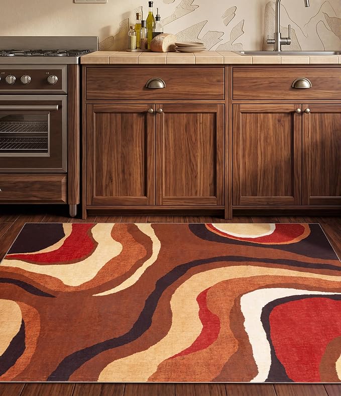 Burnt Orange Rug 3x5 Washable,Farmhouse Brown Retro Carpets,Geometric Abstract Wavy Rug for Bedroom,Unique Colorful Rugs for Living Room,Dining Room,Bedside Rugs