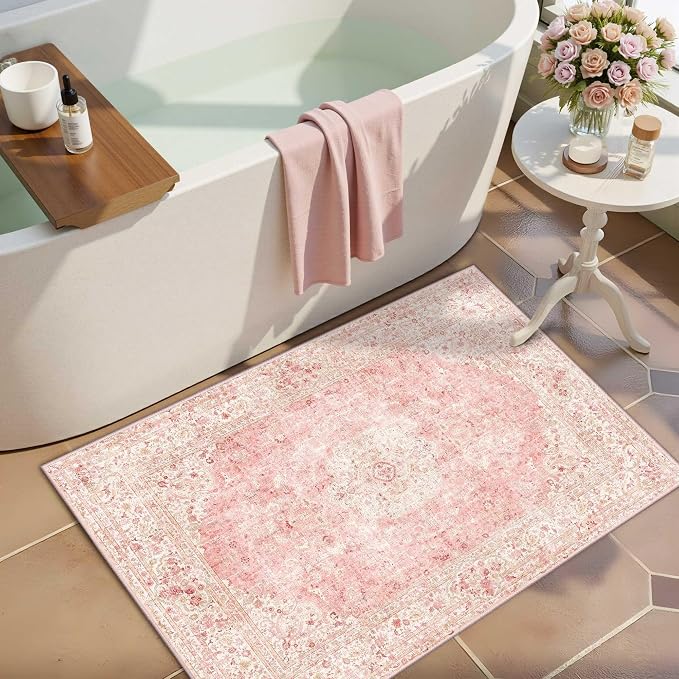 Latte&Fog Washable Entryway Rug 2x3, Vintage Pink Area Rugs for Kitchen | Low Pile Non Slip Soft Throw Rug Doormat for Entrance Bathroom Laundry Bedroom Nursery Playroom Hallyway Dorm Decor Office