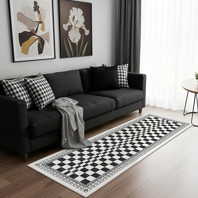 GarveeHome Kitchen Runner Rug 2x6, Modern Black and White Checkered Rug | Washable Non-Slip Carpets for Kids Room, Contemporary Abstract Low Pile Nursery Rug for Bedside Laundry Classroom Bathroom