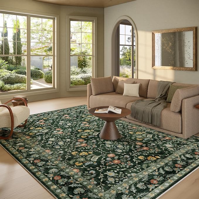 Vintage Botanical Dark Green Area Rug 8x10 Elegant Floral Pattern, Durable Stain-Resistant Fabric, Perfect for Living Room, Bedroom, Dining Room Decor