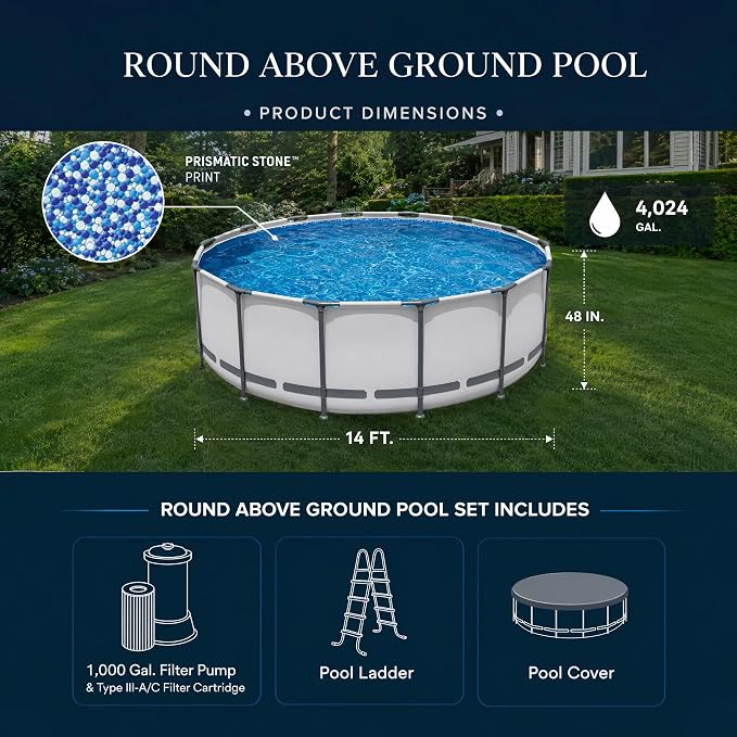 Above Ground Pool 14ft x 48in Steel Frame w/Pump Ladder Cover | 15x48ft, steel frame rust-proof, tool-free setup, 1000gal timer pump, ladder, cover, spare filter. 3-layer PVC liner.