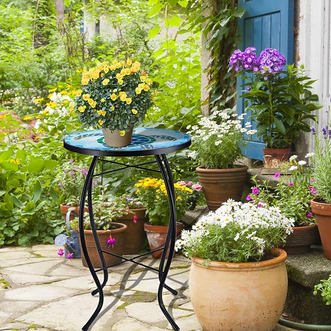 VCUTEKA Patio Side Table Outdoor Accent Table Bistro Coffee Table Plant End Table Small Porch Table Indoor Round Glass Balcony Plant Table Stands Sea Turtle 12''