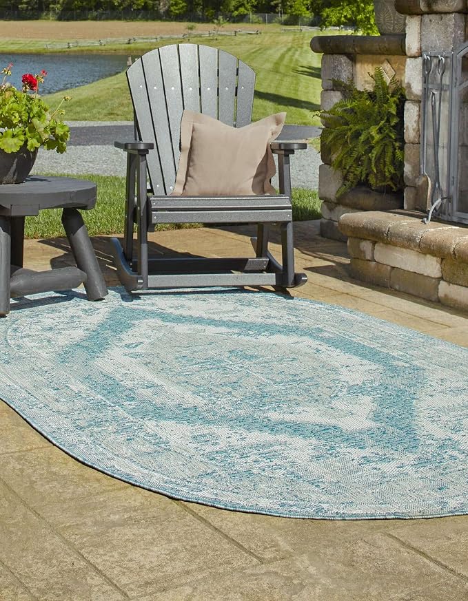 Unique Loom Outdoor Traditional Collection Area Rug - Valeria (3' 3" x 5' 3" Oval, Aqua/ Ivory)