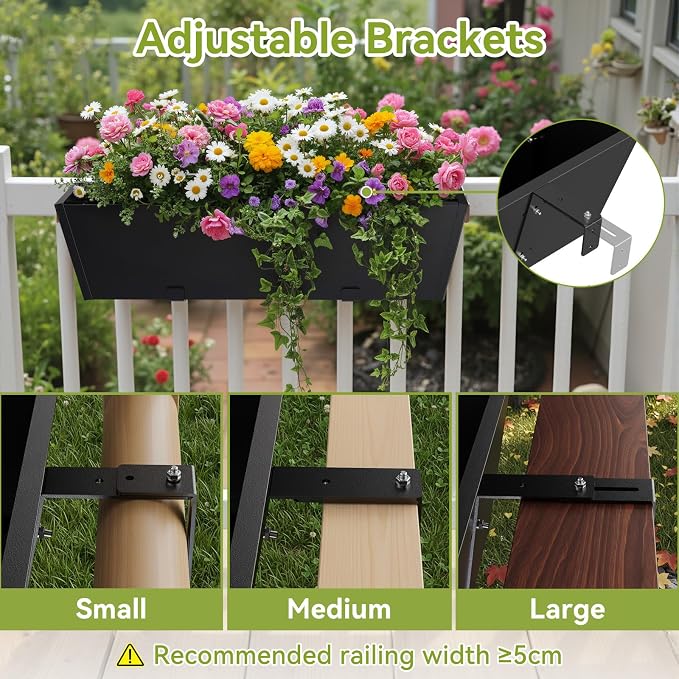 Railing Planter Box 36 Inch - Heavy Duty Metal Window Boxes, Deck Railing Planter Boxes with Adjustable Bracket & Drainage, Hanging Planter for Deck Railing Balcony & Patio