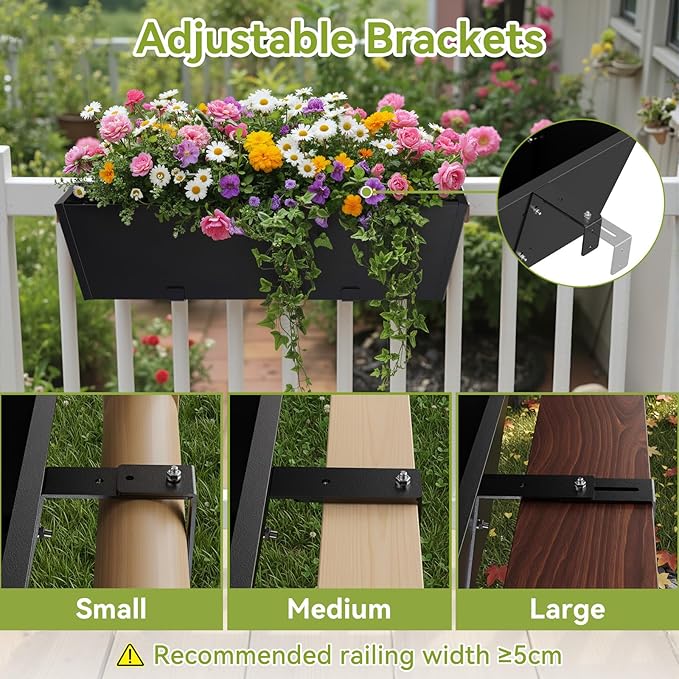 2 Pack Railing Planter Box 36 Inch - Heavy Duty Metal Window Boxes, Deck Railing Planter Boxes with Adjustable Bracket & Drainage, Hanging Planter for Deck Railing Balcony & Patio