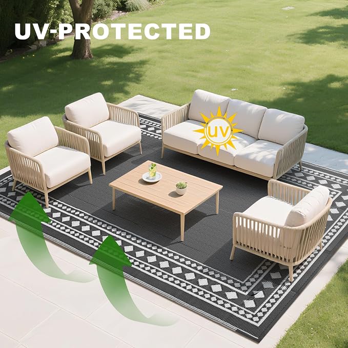 RURALITY Outdoor Rugs 5x8 Waterproof for Patios Clearance,Plastic Straw Mats for Backyard,Porch,Deck,Balcony,Grey and White