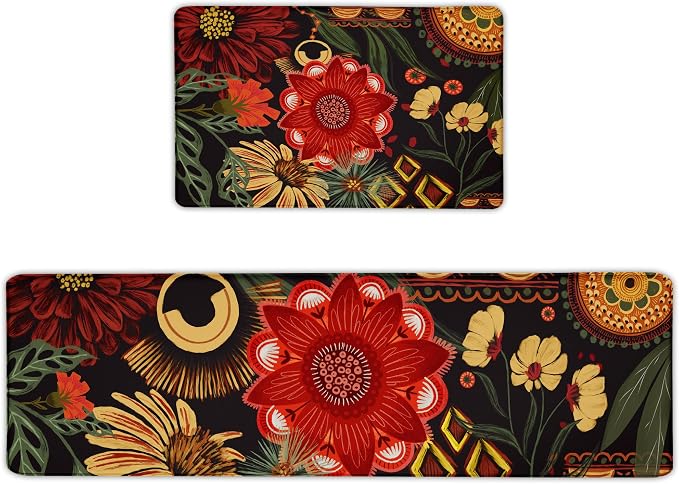 Tyrot Black Boho Floral Long Kitchen Mats Rugs Sets of 2 Cushioned Anti Fatigue Floor Mat Comfort Kitchen Rugs Farmhouse Style Non Slip Waterproof Mid Century Botanical Standing Mat for Sink Laundry