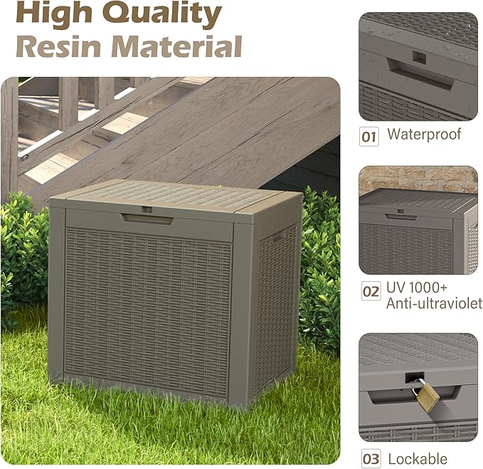 Outdoor Storage Box, 32 Gallon Deck Box with Lockable Lid, Waterproof Resin Storage Bin for Patio Furniture, Garden Tools, Cushions, Grey