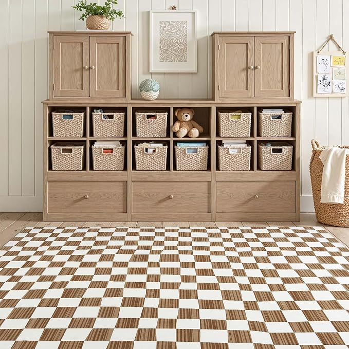 jinchan 5x7 Area Rug Washable Modern Checkered Rug for Kids Room, Brown | Geometric Lattice, Soft, Non-Slip, Floor Carpet, Kitchen, Nursery, Bedroom, Living Room, Dining Room, Nursery, Playroom