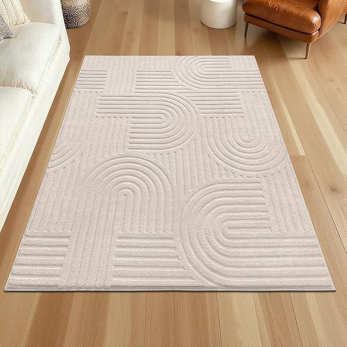 SHACOS Soft Cozy Fluffy Arch Rugs 4'x5'3" Non Slip Washable Modern Geometric Area Rug High Low Pile Stain Resistant Contemporary Carpet for Living Room Bedroom Dining Room, Beige
