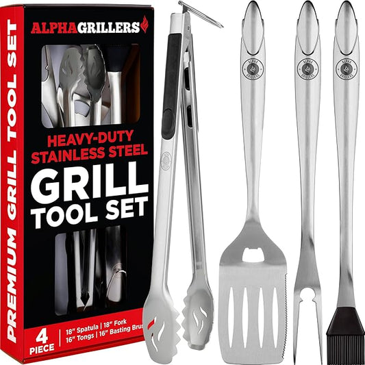 Alpha Grillers Grilling Accessories - Grilling Gifts for Men - BBQ Accessories Grill Tools Set with Spatula, Fork, Brush & Tongs - Outdoor Barbecue Utensils Birthday Gifts for Men Him Dad Husband