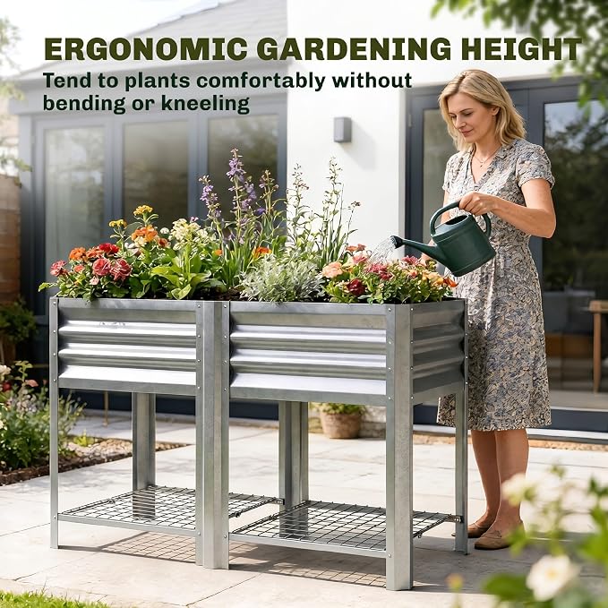 Outsunny Galvanized Steel Raised Garden Bed with Storage Shelf and Bed Liner, Elevated Planter Box with Legs for Flowers, Vegetables, and Herbs, for Outdoor Patio Yard, Glove Included, Silver