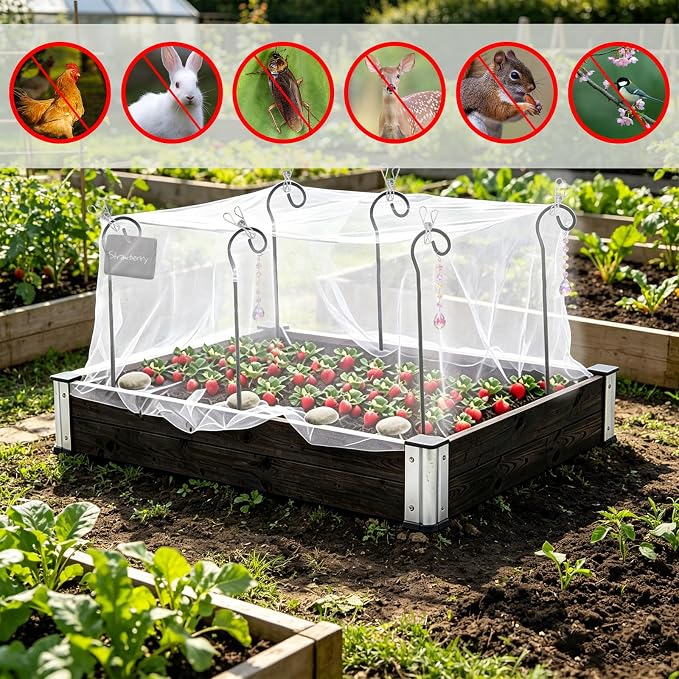 Garden Netting Kit for Raised Beds, 10 x 13 FT Ultra Fine Insect Mesh with 8 Upgraded Hook-Top Stakes & 20 Clips, Plant Cover for Vegetables, Fruits & Pest Protection