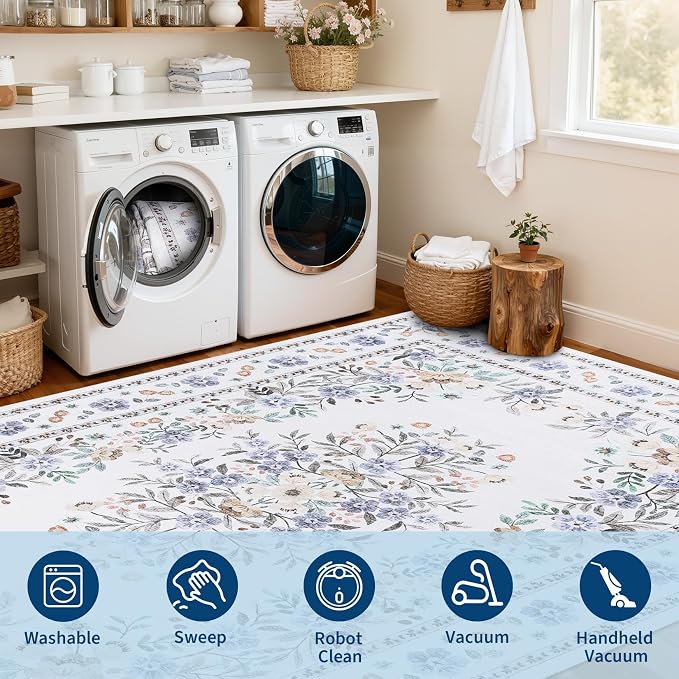GarveeHome 3x5 Floral Rug for Nursery Vintage Flower Leaf Bordered Carpet | Machine Washable Non-Slip Low Pile Throw Floor Cover Colorful Beige Area Rug for Bedroom Living Room Dining