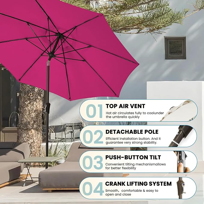 9FT Large Outdoor Patio Umbrella Pool Market Umbrella-UV Resistant, Easy Push Button Tilt and Crank, 8 Sturdy Ribs Heavy-Duty Table Umbrella for Deck, Backyard, Garden (Pink)