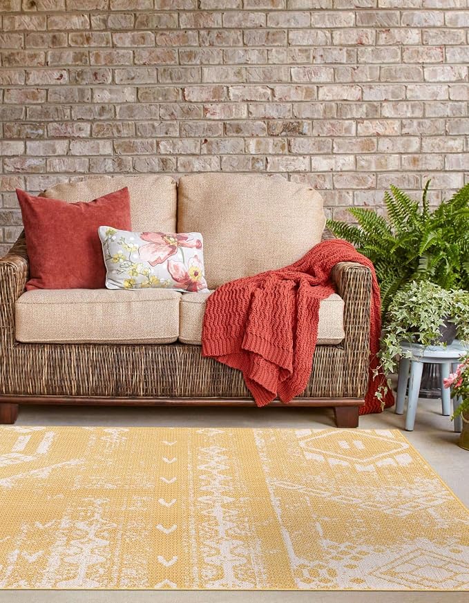 Unique Loom Outdoor Bohemian Collection Area Rug - Anthro (10' 8" Square Yellow/Ivory)