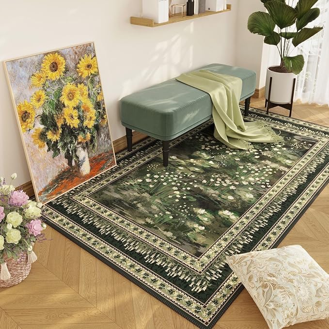 Rugcomf 3x5 Washable Rug Impressionist-Style Vintage Non Slip Low Pile Small Carpet for Bedroom Bedside Kitchen Entryway Kids Room Office College Dorm Essentials for Girls, Green